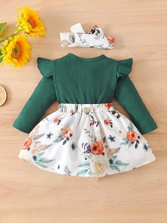 Niren Enterprise Baby Girls Modal Fabric Digital Printed Floral Stretchable Green 2pc Dungaree Dress - Image 2