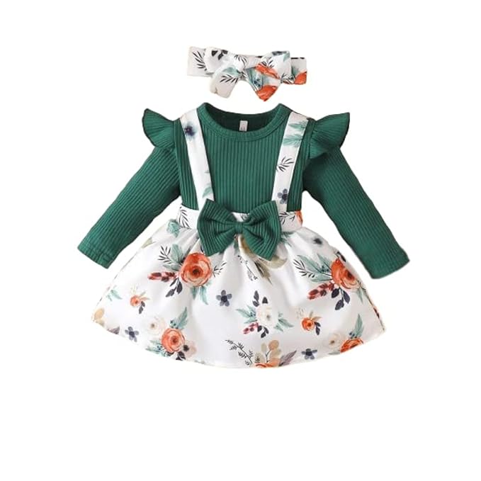 Niren Enterprise Baby Girls Modal Fabric Digital Printed Floral Stretchable Green 2pc Dungaree Dress