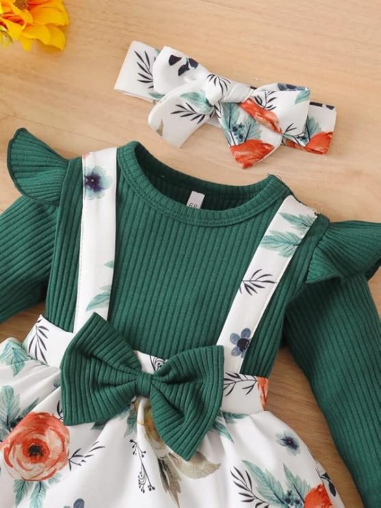 Niren Enterprise Baby Girls Modal Fabric Digital Printed Floral Stretchable Green 2pc Dungaree Dress - Image 3